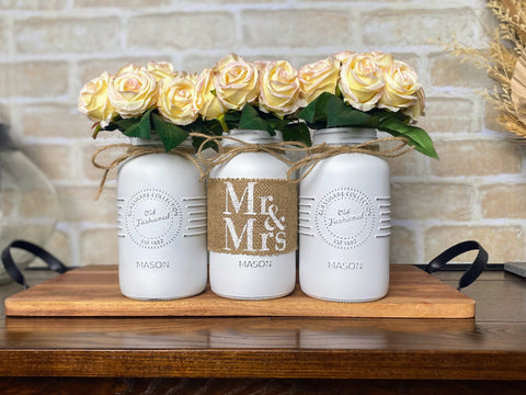 Mr and Mrs Wedding Table Centerpiece Blush Pink Roses Large White 3 Set Mason Jars with Twine