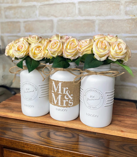 Mr and Mrs Wedding Table Centerpiece Blush Pink Roses Large White 3 Set Mason Jars with Twine