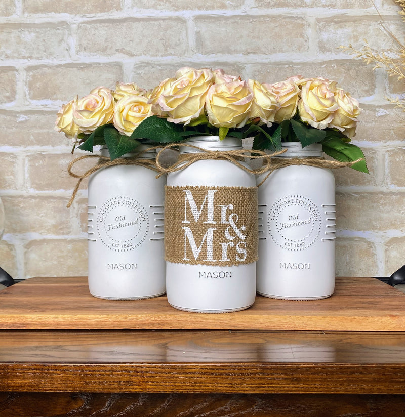 Mr and Mrs Wedding Table Centerpiece Blush Pink Roses Large White 3 Set Mason Jars with Twine
