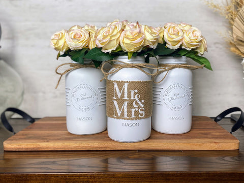 Mr and Mrs Wedding Table Centerpiece Blush Pink Roses Large White 3 Set Mason Jars with Twine