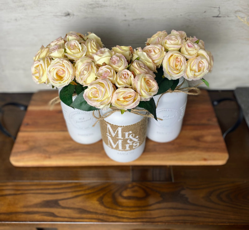 Mr and Mrs Wedding Table Centerpiece Blush Pink Roses Large White 3 Set Mason Jars with Twine