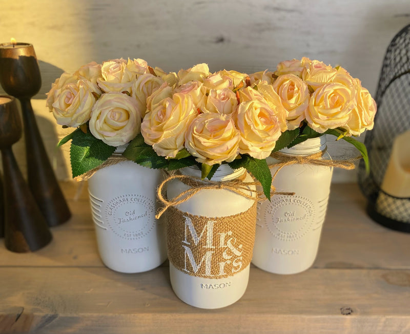 Mr and Mrs Wedding Table Centerpiece Blush Pink Roses Large White 3 Set Mason Jars with Twine