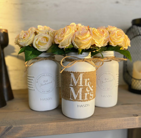 Mr and Mrs Wedding Table Centerpiece Blush Pink Roses Large White 3 Set Mason Jars with Twine