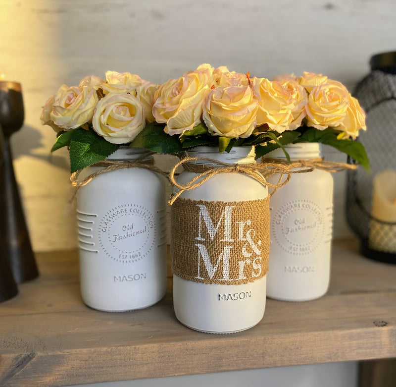 Mr and Mrs Wedding Table Centerpiece Blush Pink Roses Large White 3 Set Mason Jars with Twine
