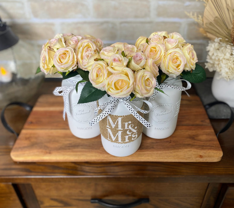 Mr and Mrs Wedding Table Centerpiece Blush Pink Roses Large White 3 Set Mason Jars