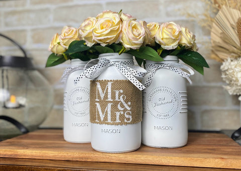 Mr and Mrs Wedding Table Centerpiece Blush Pink Roses Large White 3 Set Mason Jars