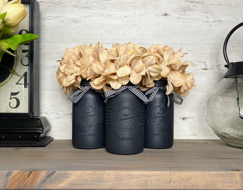Cream Hydrangeas Large Charcoal 3 Set Mason Jars