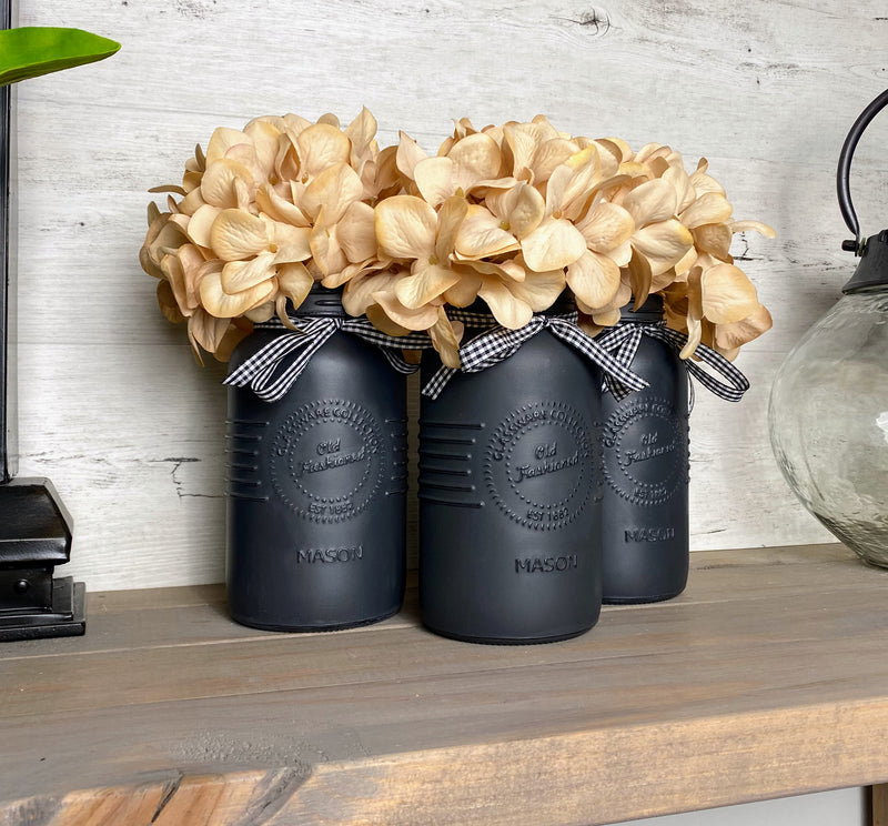 Cream Hydrangeas Large Charcoal 3 Set Mason Jars
