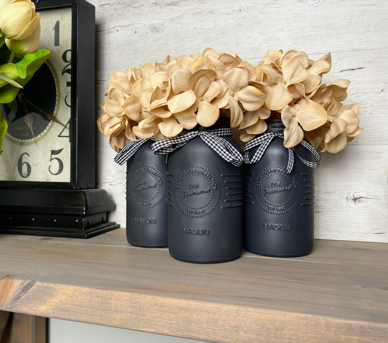 Cream Hydrangeas Large Charcoal 3 Set Mason Jars