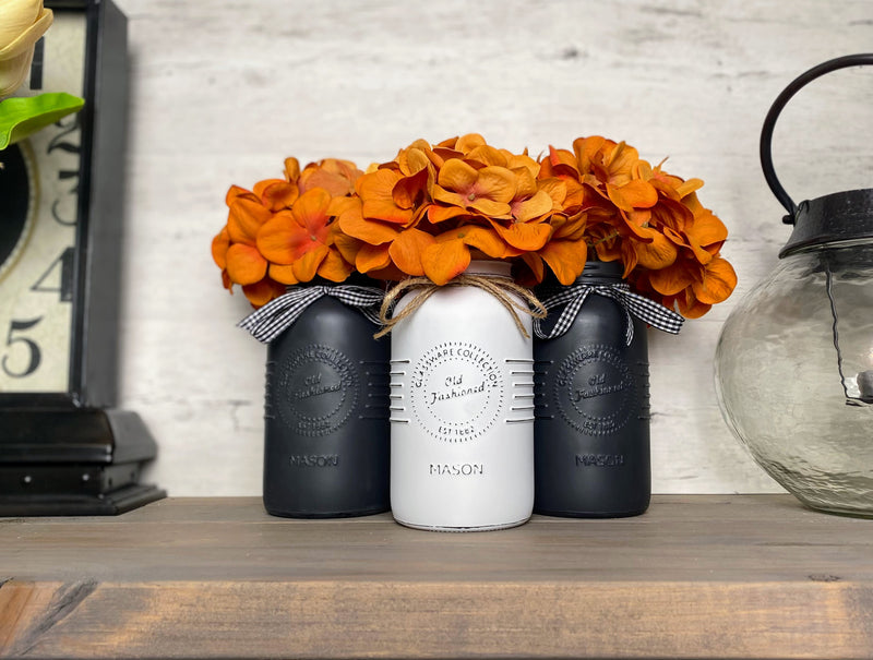 Orange Hydrangeas Large White and Black 3 Set Mason Jars