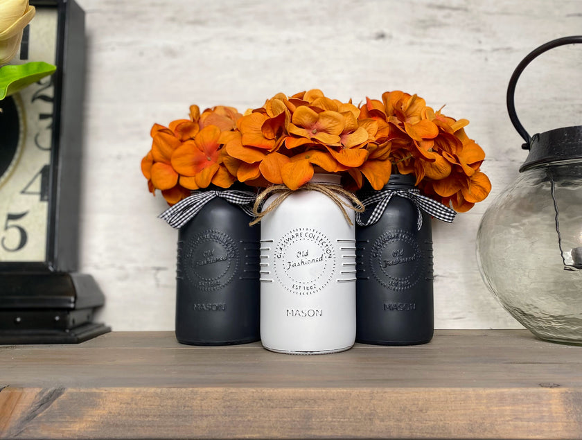 Orange Hydrangeas Large White and Black 3 Set Mason Jars
