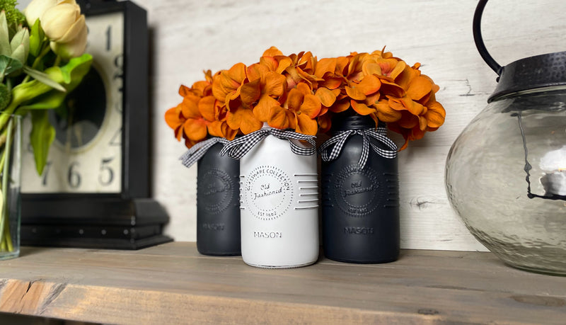 Orange Hydrangeas Large White and Black 3 Set Mason Jars