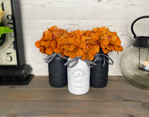 Orange Hydrangeas Large White and Black 3 Set Mason Jars