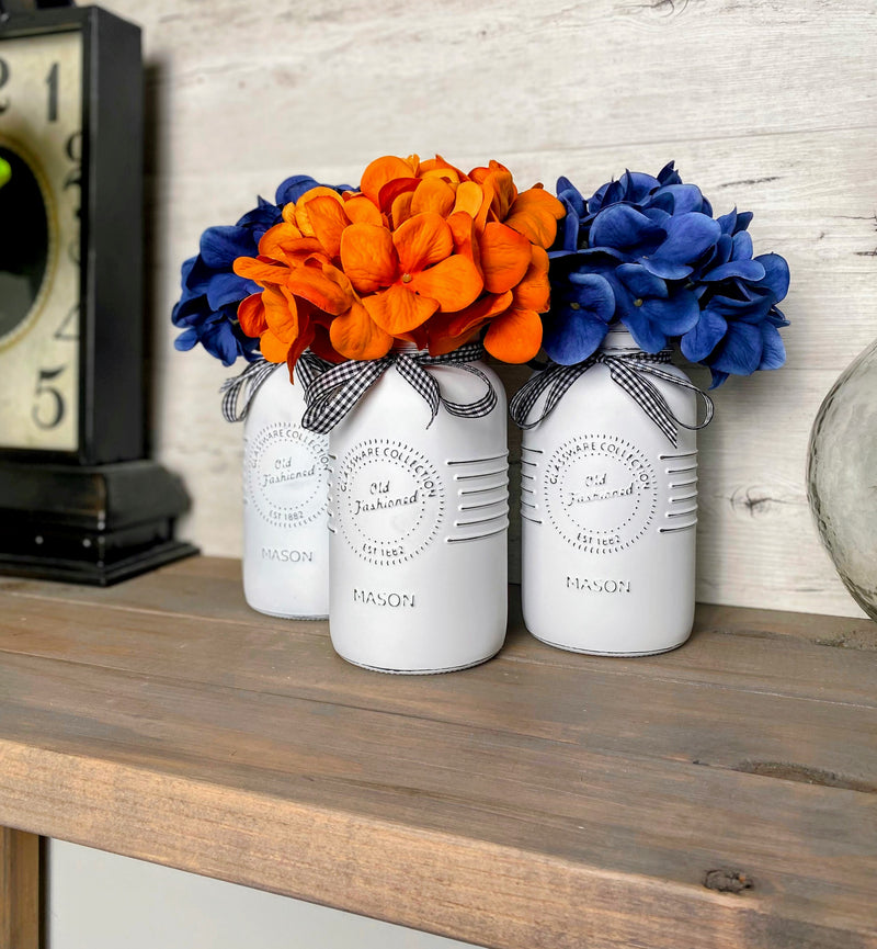 Orange and Blue Hydrangeas Large White 3 Set Mason Jars