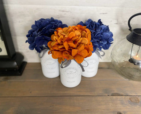 Orange and Blue Hydrangeas Large White 3 Set Mason Jars