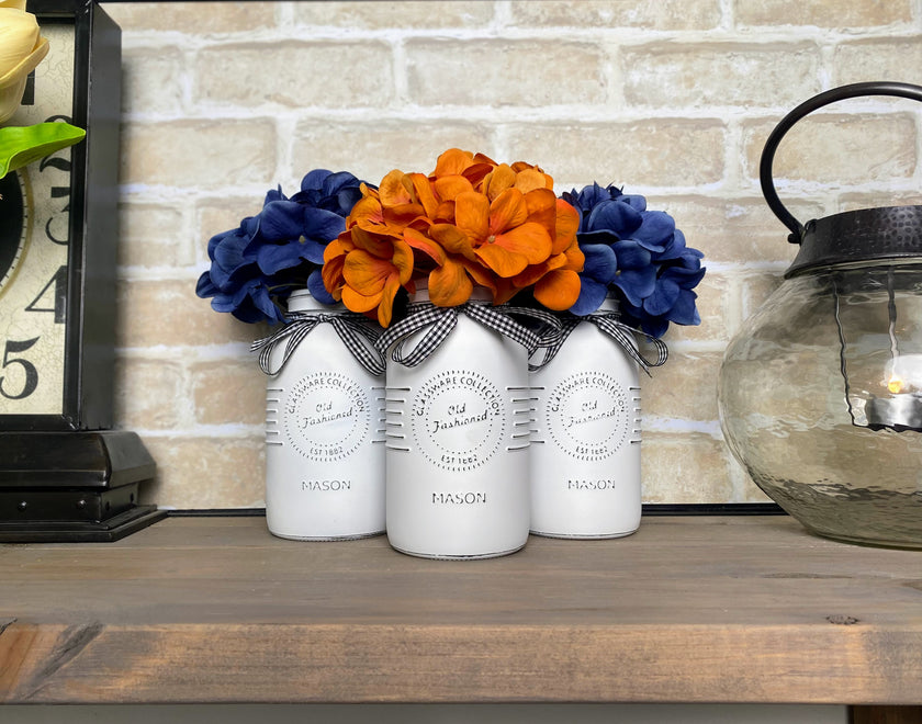 Orange and Blue Hydrangeas Large White 3 Set Mason Jars