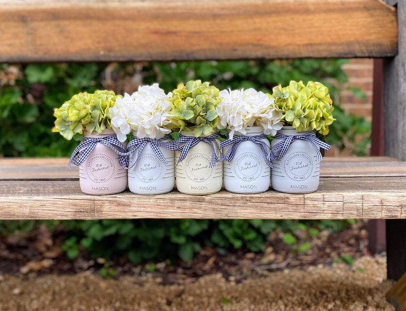 Green And White Hydrangeas Small 5 Set Mason Jars