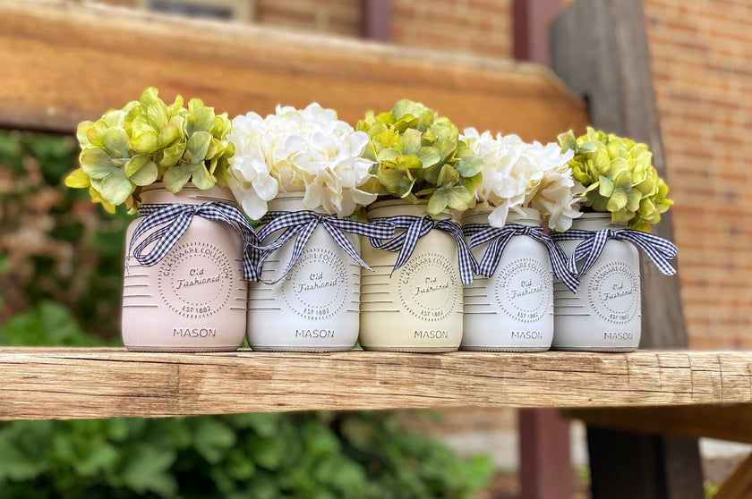 Green And White Hydrangeas Small 5 Set Mason Jars