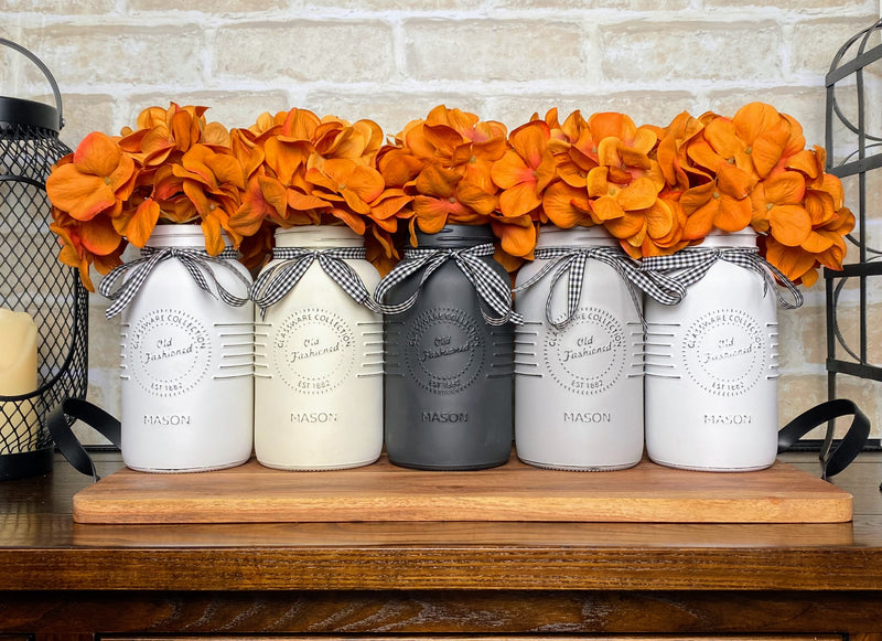 Orange Hydrangeas Large White and Grey 5 Set Mason Jars