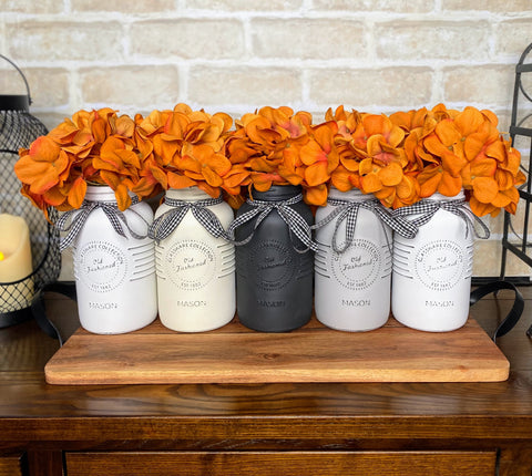 Orange Hydrangeas Large White and Grey 5 Set Mason Jars