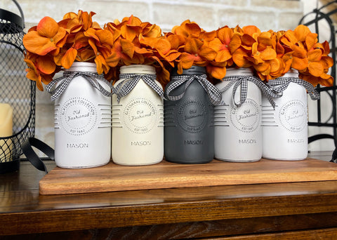 Orange Hydrangeas Large White and Grey 5 Set Mason Jars