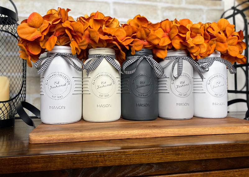 Orange Hydrangeas Large White and Grey 5 Set Mason Jars
