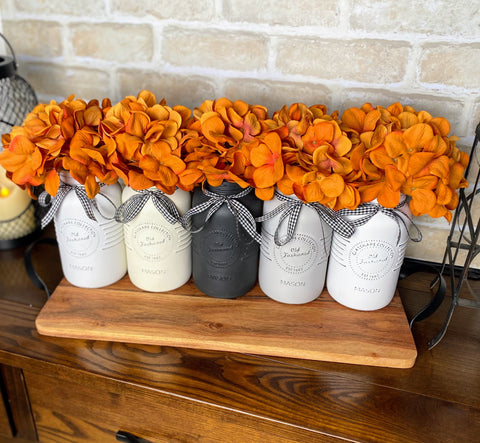 Orange Hydrangeas Large White and Grey 5 Set Mason Jars