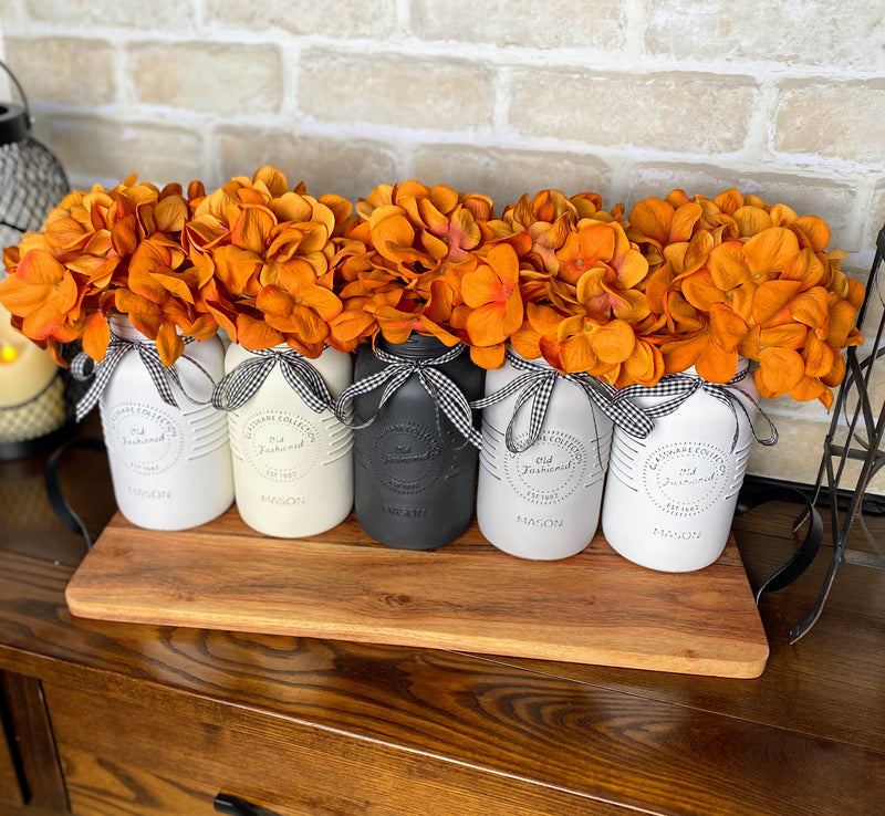 Orange Hydrangeas Large White and Grey 5 Set Mason Jars