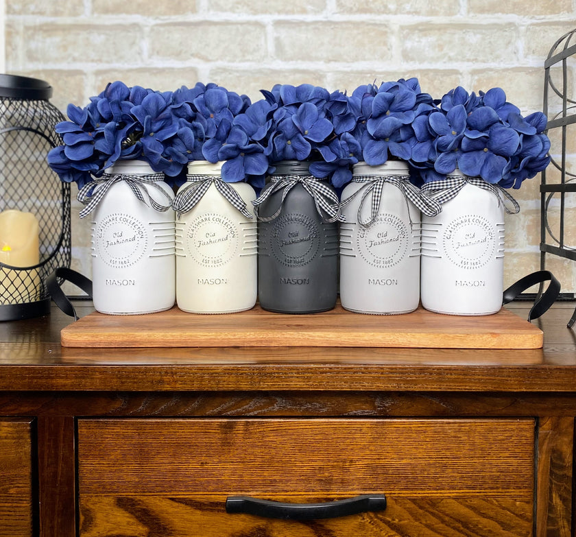 Blue Hydrangeas Large White and Grey 5 Set Mason Jars