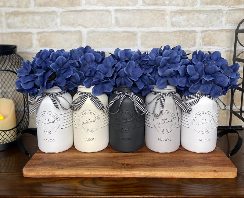 Blue Hydrangeas Large White and Grey 5 Set Mason Jars