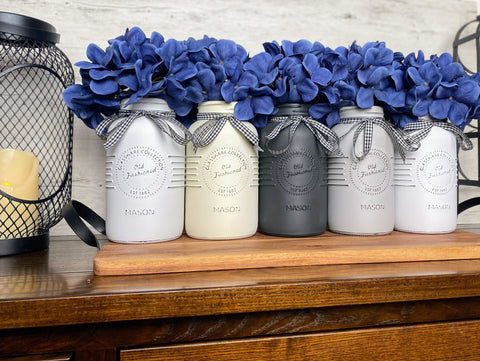 Blue Hydrangeas Large White and Grey 5 Set Mason Jars