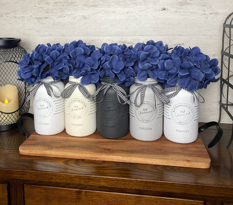 Blue Hydrangeas Large White and Grey 5 Set Mason Jars