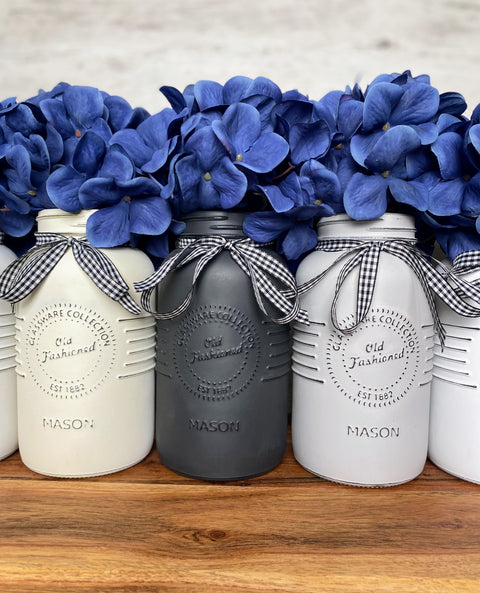 Blue Hydrangeas Large White and Grey 5 Set Mason Jars