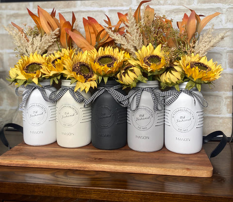 Sunflowers, Pampas Grass, Gum Leaves, Large White, Grey and Cream 5 Set Mason Jars