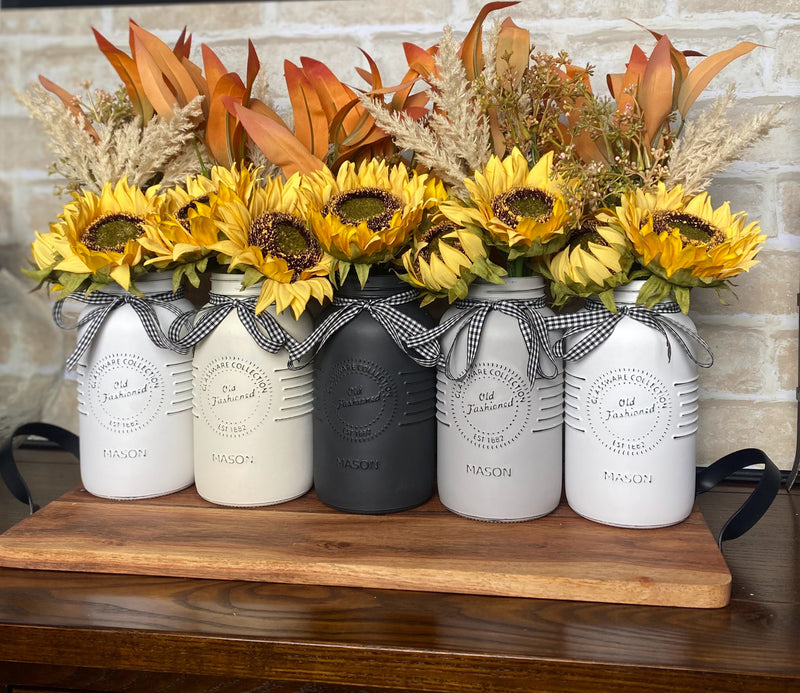Sunflowers, Pampas Grass, Gum Leaves, Large White, Grey and Cream 5 Set Mason Jars