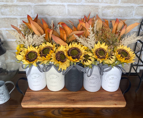 Sunflowers, Pampas Grass, Gum Leaves, Large White, Grey and Cream 5 Set Mason Jars