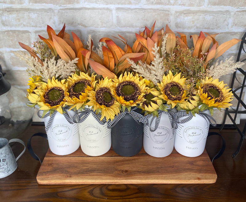 Sunflowers, Pampas Grass, Gum Leaves, Large White, Grey and Cream 5 Set Mason Jars
