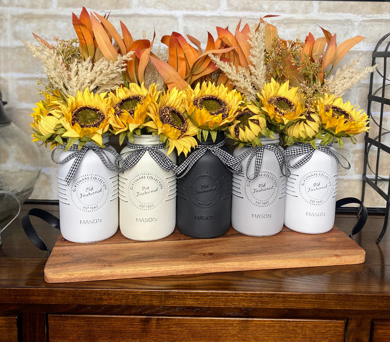 Sunflowers, Pampas Grass, Gum Leaves, Large White, Grey and Cream 5 Set Mason Jars