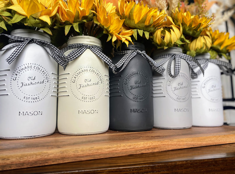 Sunflowers, Pampas Grass, Gum Leaves, Large White, Grey and Cream 5 Set Mason Jars