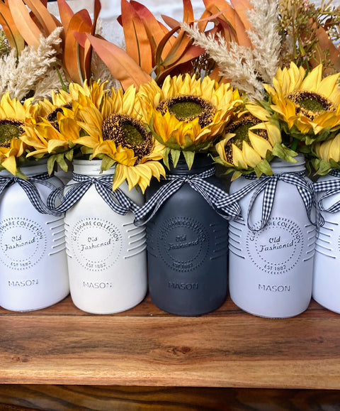 Sunflowers, Pampas Grass, Gum Leaves, Large White, Grey and Cream 5 Set Mason Jars