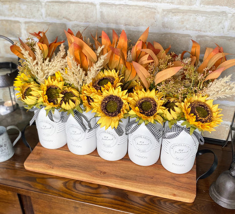 Sunflowers, Pampas Grass, Gum Leaves, Large White 5 Set Mason Jars