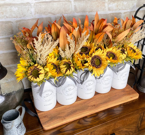 Sunflowers, Pampas Grass, Gum Leaves, Large White 5 Set Mason Jars