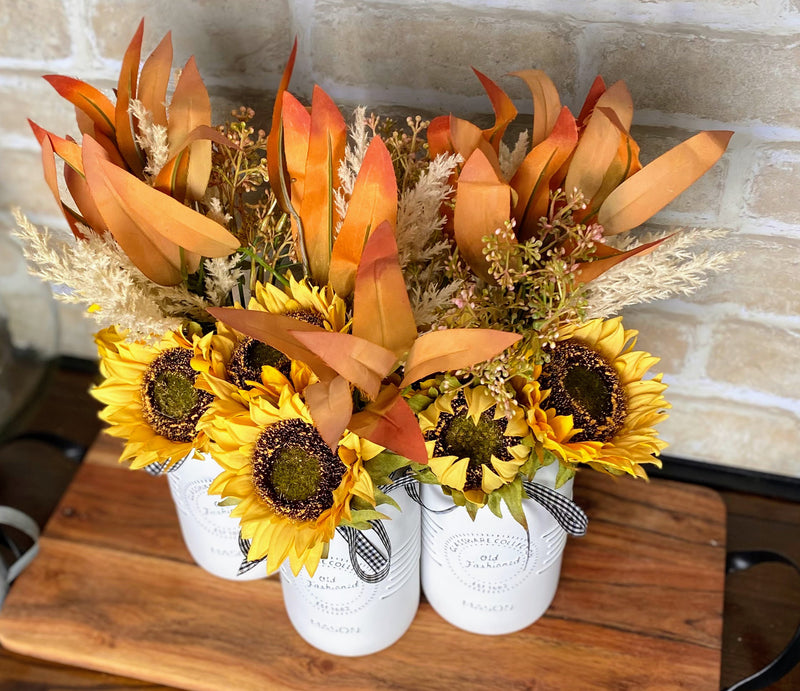 Sunflowers Arrangement Large White 3 Set Mason Jars