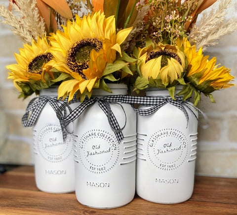 Sunflowers Arrangement Large White 3 Set Mason Jars