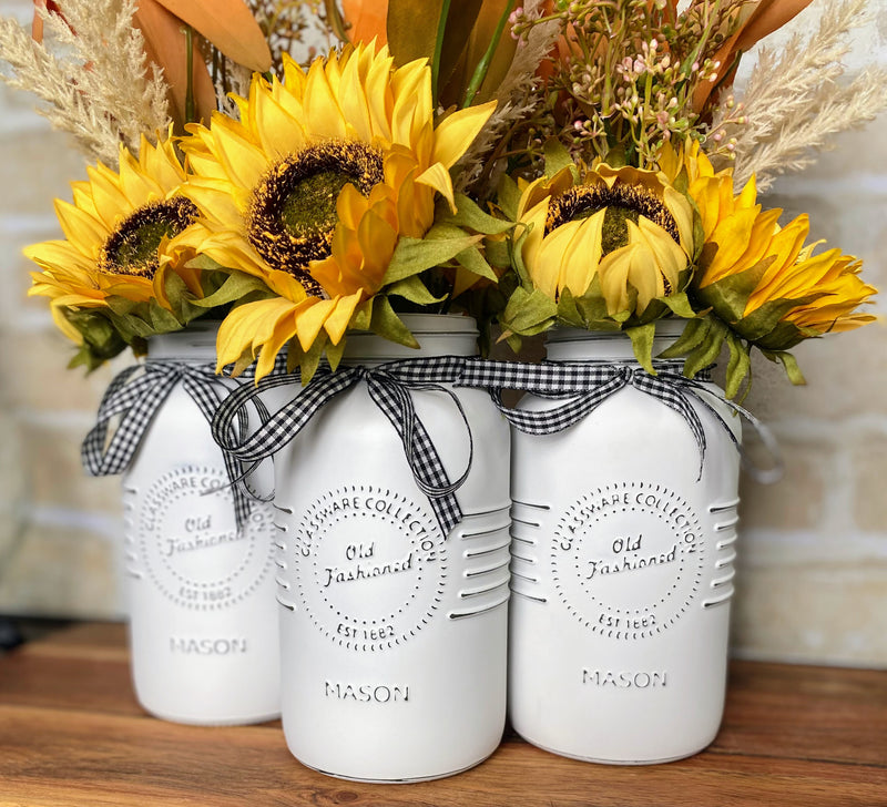 Sunflowers Arrangement Large White 3 Set Mason Jars