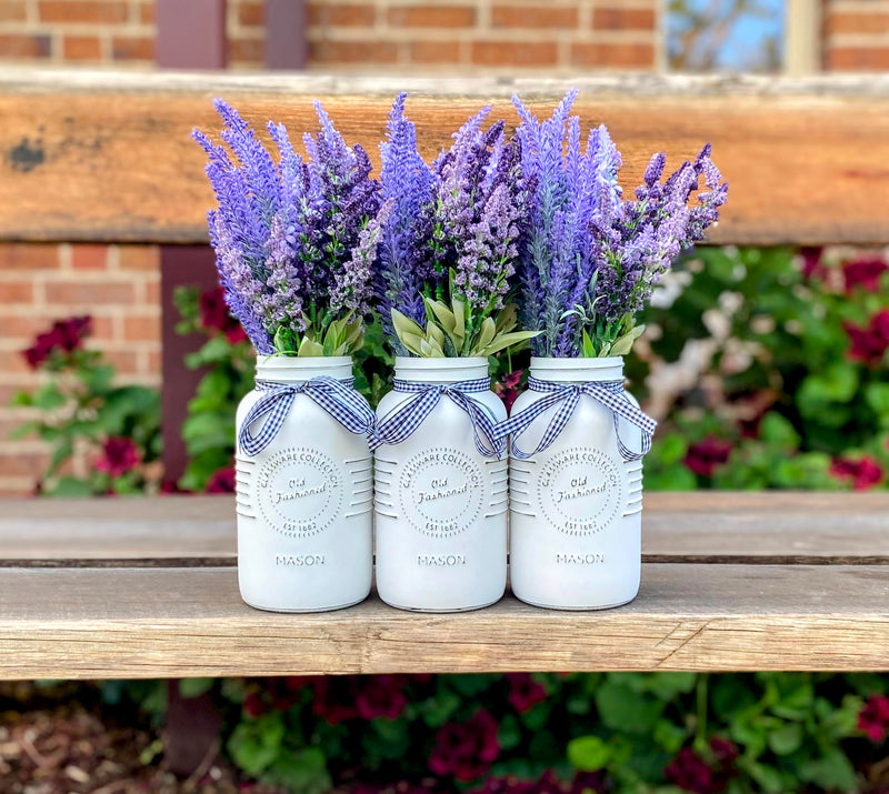Lavender Large 3 Set Mason Jars With Gingham Check Ribbon