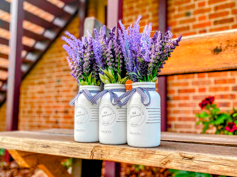 Lavender Large 3 Set Mason Jars With Gingham Check Ribbon