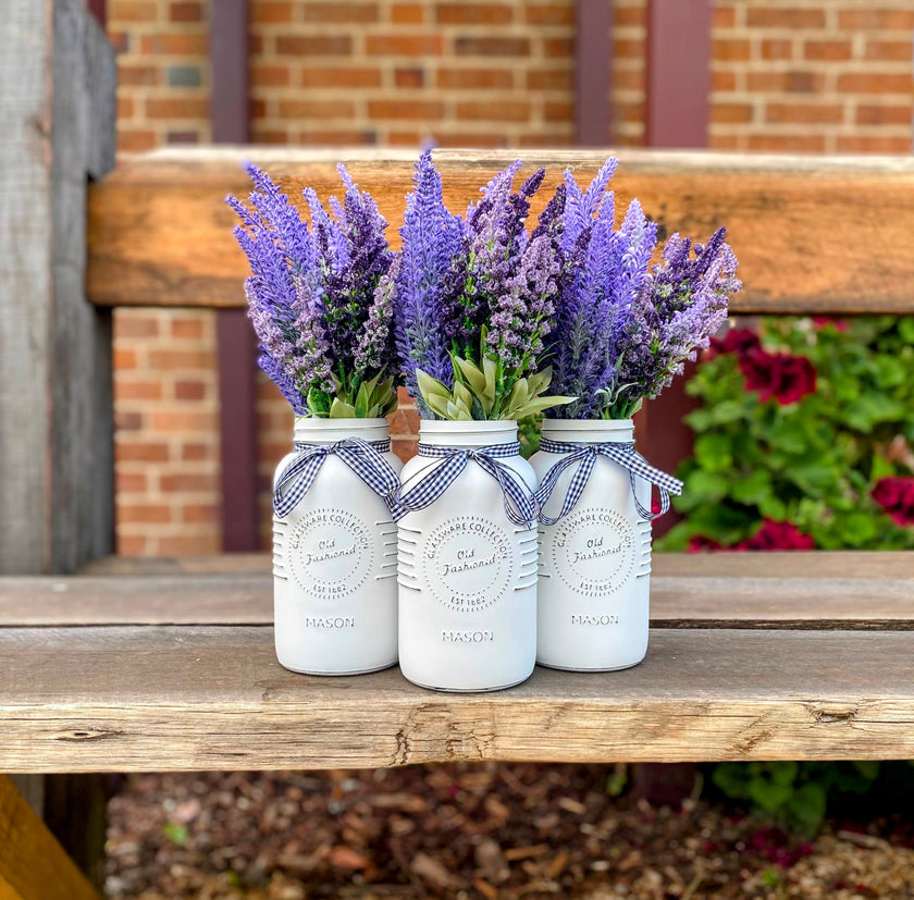 Lavender Large 3 Set Mason Jars With Gingham Check Ribbon