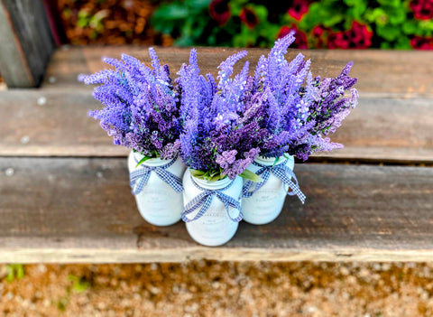 Lavender Large 3 Set Mason Jars With Gingham Check Ribbon