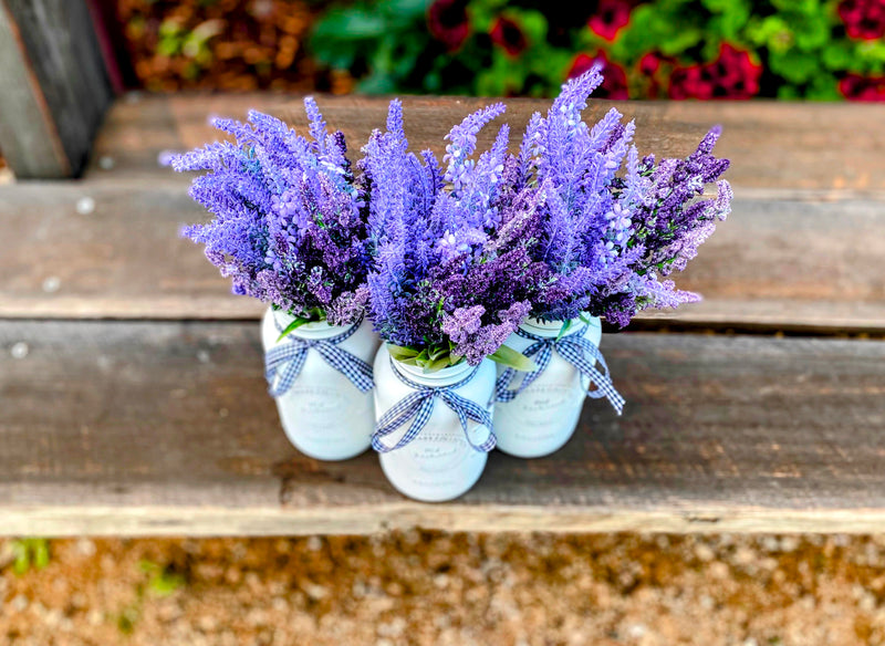 Lavender Large 3 Set Mason Jars With Gingham Check Ribbon